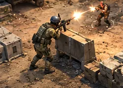 A soldier fires a rifle from behind a concrete block.