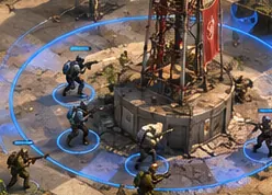 Blue soldiers hold the ring around a radio tower.