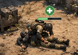 A soldier kneels over a downed teammate to revive them.