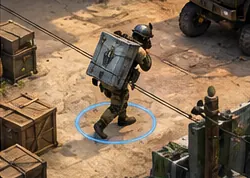 A soldier carries a supply crate across the street.
